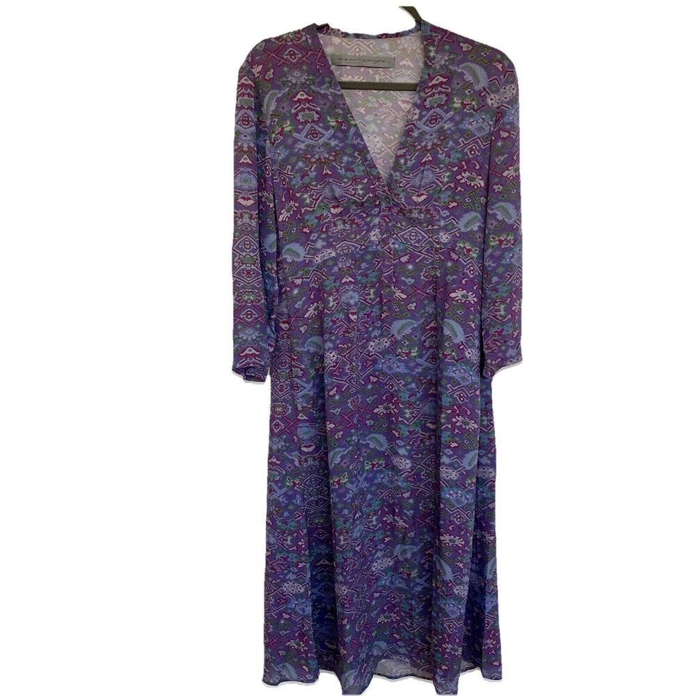 Raquel Allegra Lilac Tapestry Printed 100% Silk Midi V Neck Button Dress Sz 8-10